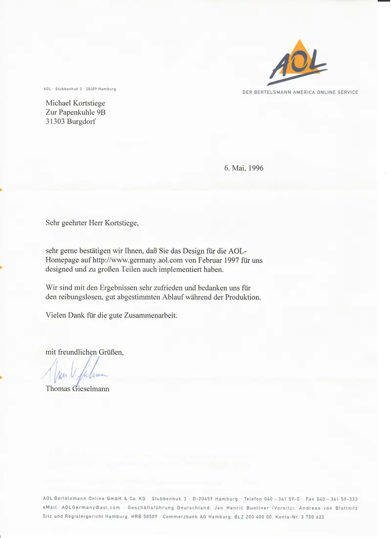 Brief vom AOL-Auftrag, Mai 1996