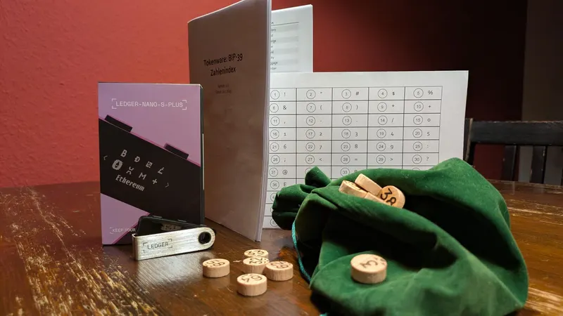 Ein Ledger Nano S Plus, das Heft „Tokenware: BIP-39 Zahlenindex“ (Stand 16.1.2025), eine Zeichentabelle für Passwörter und ein grüner Samtbeutel mit Holzsteinen