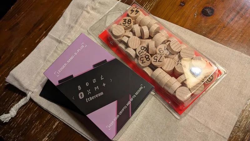 Ein Ledger Nano S Plus in der Verpackung, daneben eine Blisterpackung voller Lottosteine aus Holz auf einem Leinenbeutel