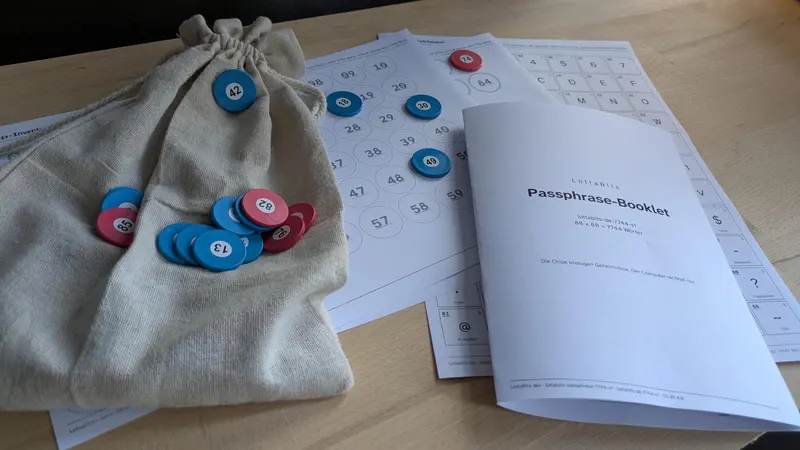 Leinenbeutel mit blauen und roten Chips, dahinter der Inventurbogen mit aufgelegten Chips, die Zeichentabelle und das Passphrase-Booklet